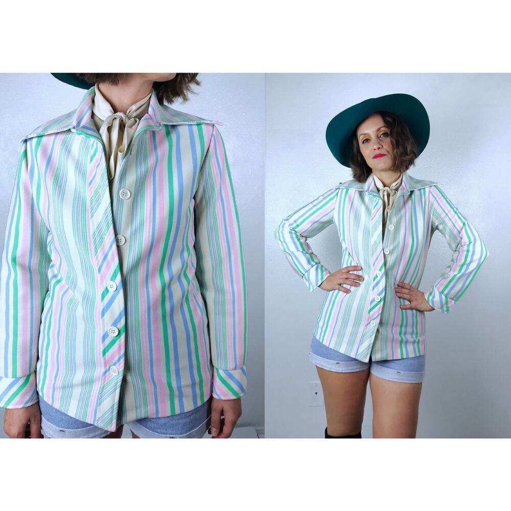 vintage 70s Pastel CANDY STRIPED button up BLOUSE Medium dagger collar colorful